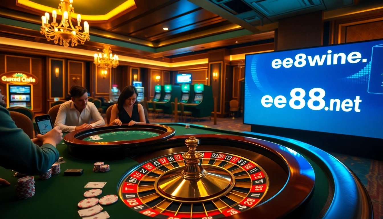 Experience the thrill of gaming at ee88win.net with engaging poker tables and vibrant casino elements.