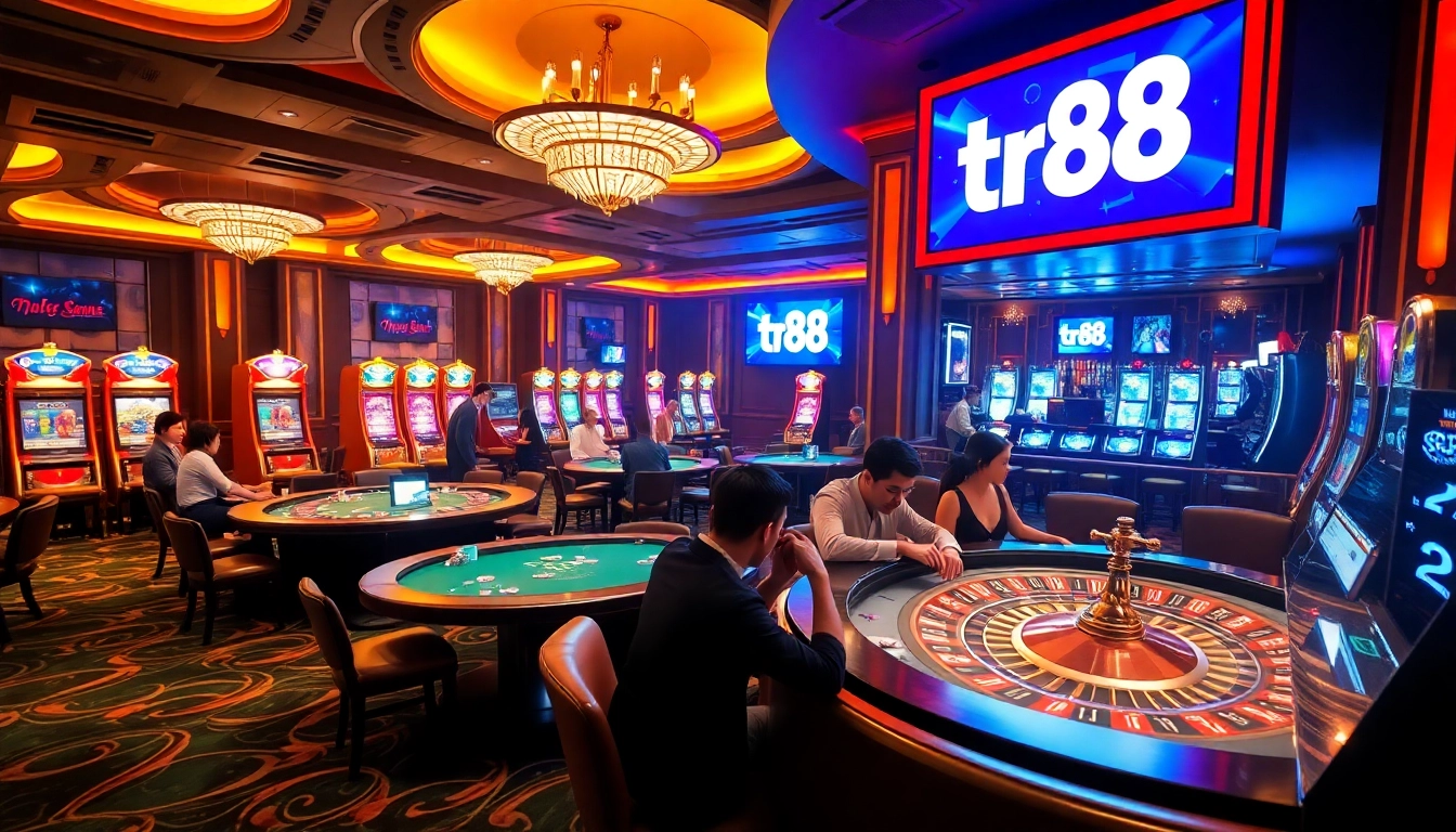 Exciting casino action featuring poker tables and slot machines, emphasizing tr88 betting strategies.