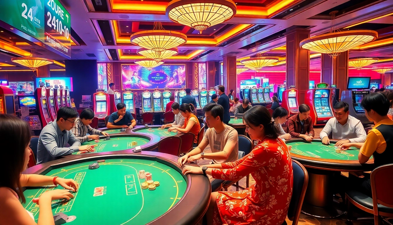 A lively gaming scene at vvvwin88.live, showcasing players at tables and slot machines in a vibrant casino atmosphere.