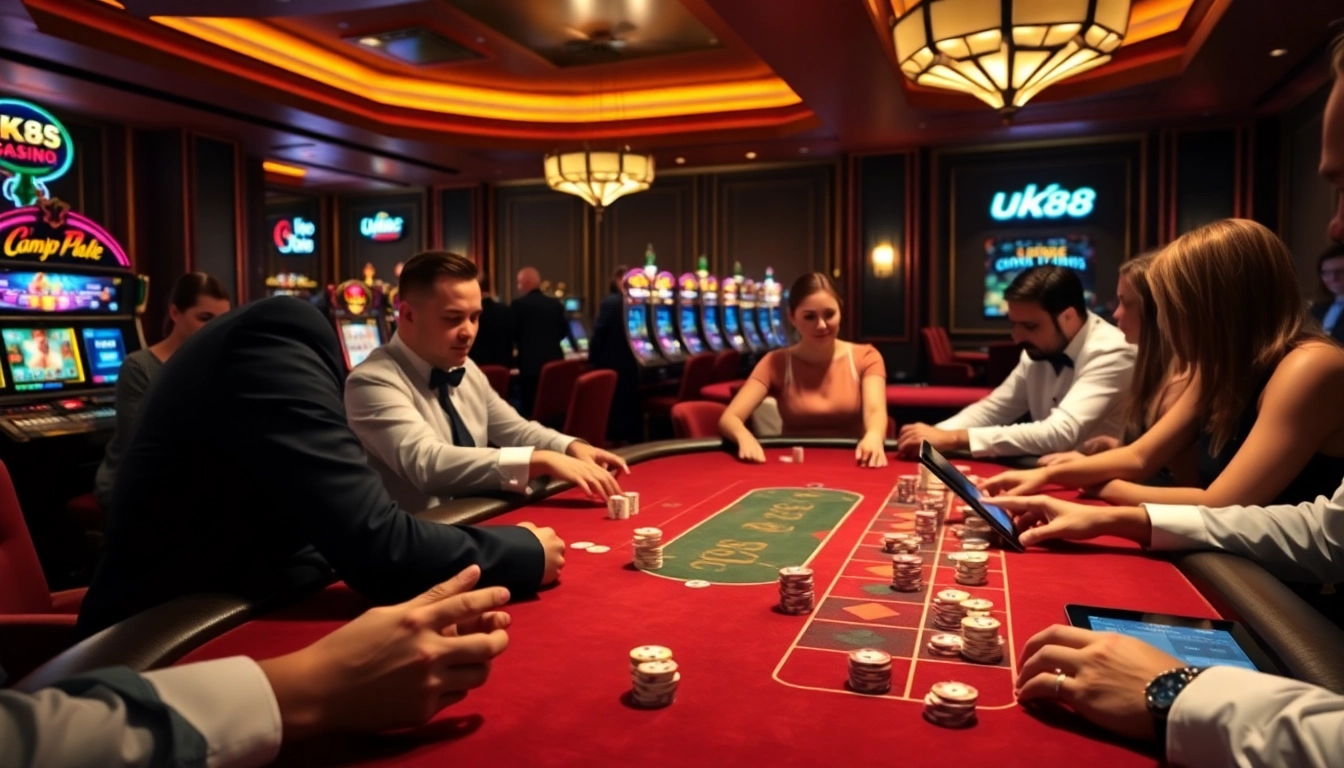 Betting at a luxurious UK88 online casino, showcasing poker action with vibrant details.