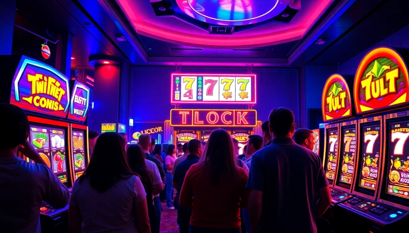 Thrilling online slot game experience showcasing a vibrant slot machine with colorful reels and joyful players.