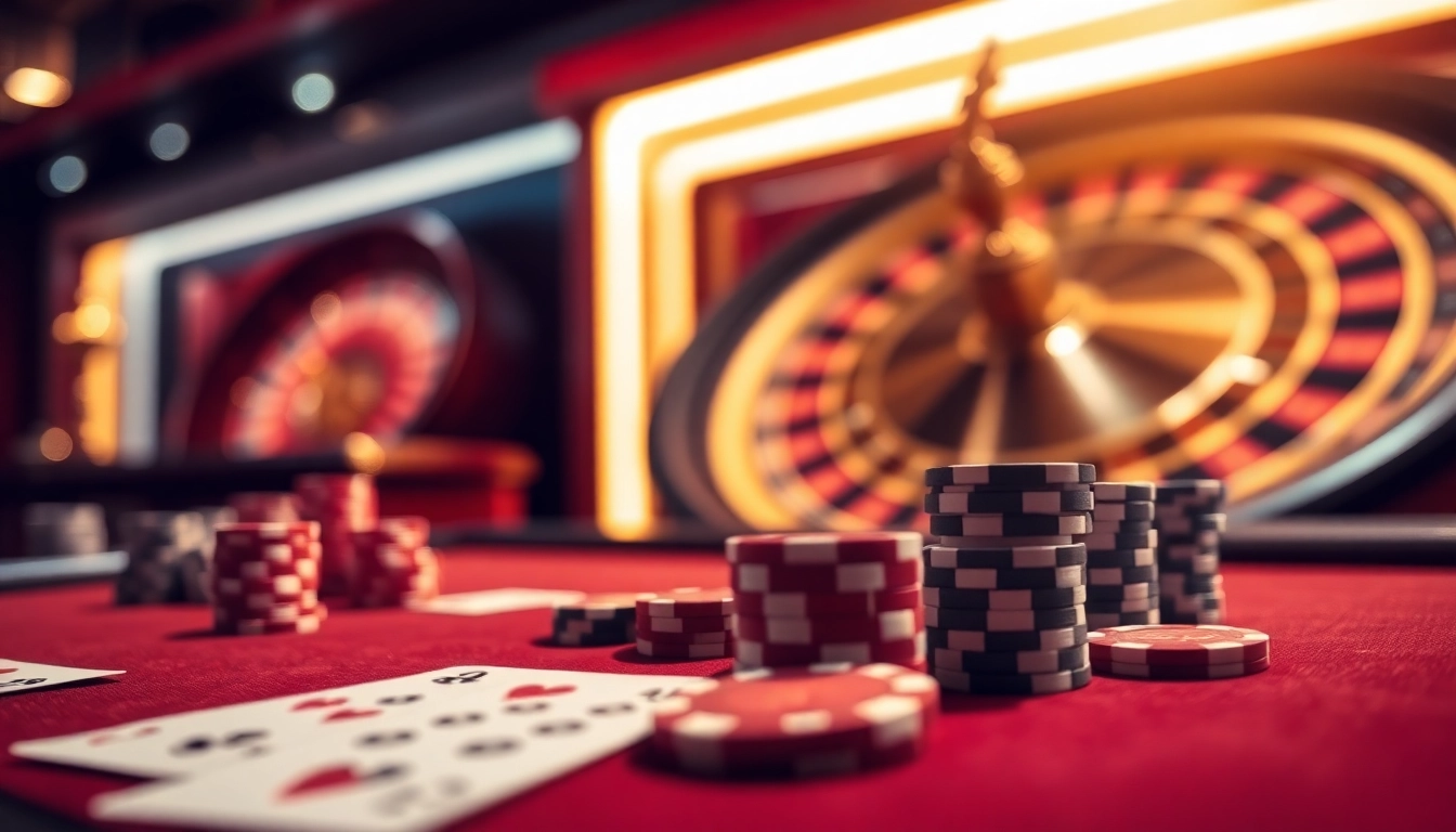 Engage in thrilling online gaming at rikvip.gb.net with vibrant casino scenes showcasing poker and roulette.