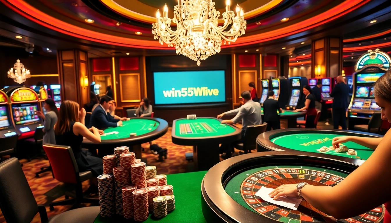 Win55win.live online casino featuring lively games and colorful chips in an elegant setting.