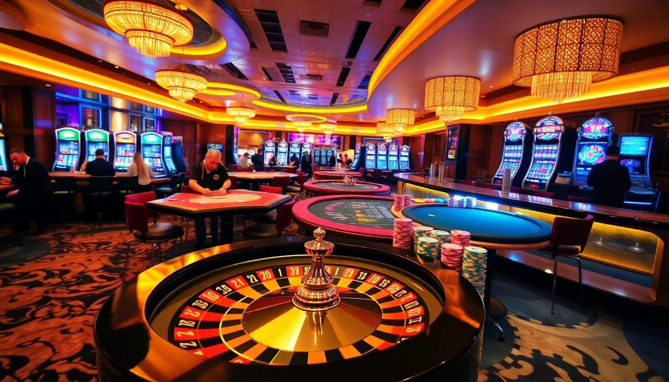 C54.gb.net casino scene with players enjoying poker and blackjack at vibrant tables.