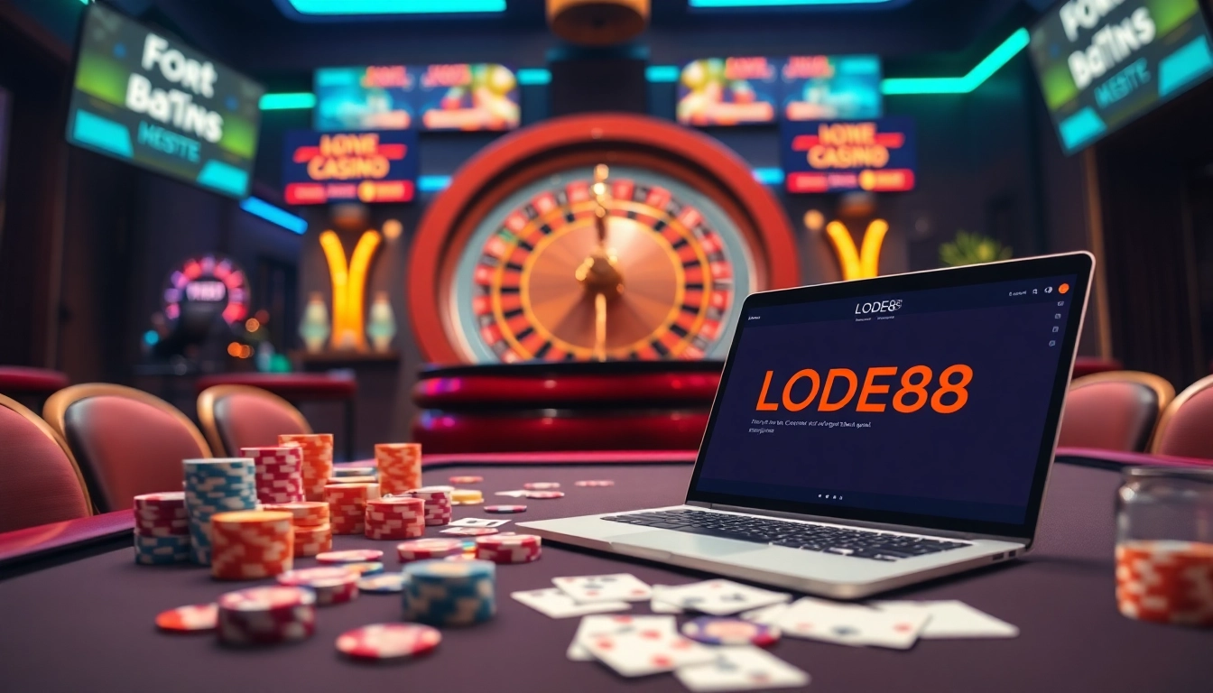 Engaging online gambling scene with LODE88 website interface and poker elements.