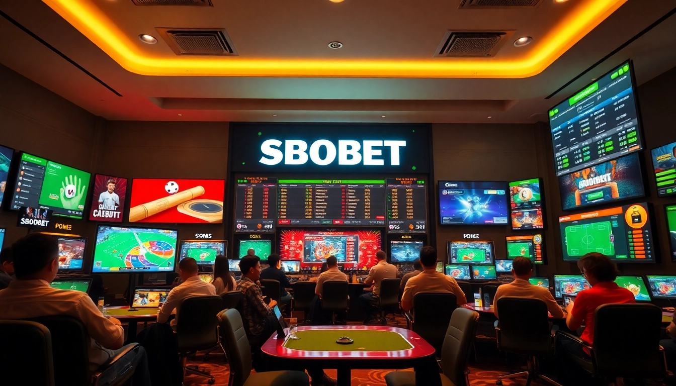 SBOBET.dance vibrant gaming atmosphere with players engaging in online betting and poker.