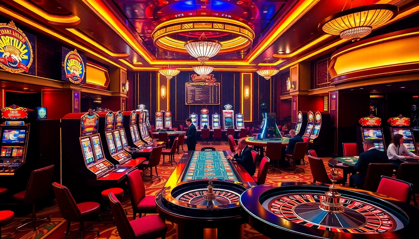 Engaging casino scene featuring nk88 com's vibrant gaming atmosphere with poker tables and slot machines.