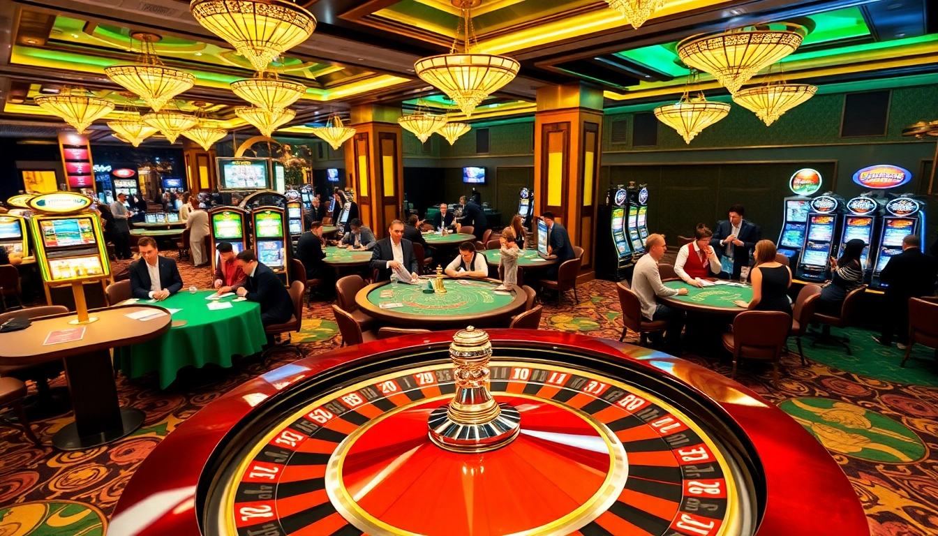 Engaging scene at 8day.cn.com casino with thrilled players at roulette table and slot machines.